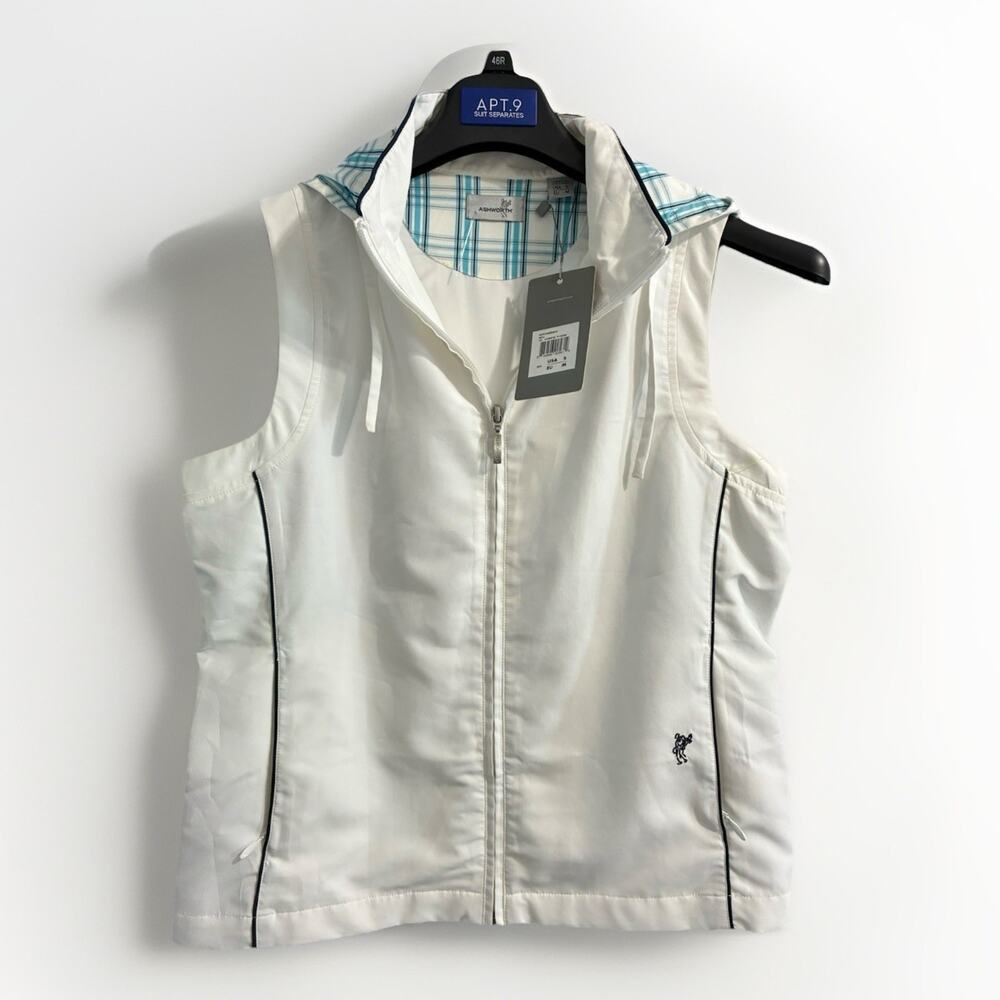 Ashworth Performance Vest Women White Full Zip Sleeveless Hooded Sz Small NWTs